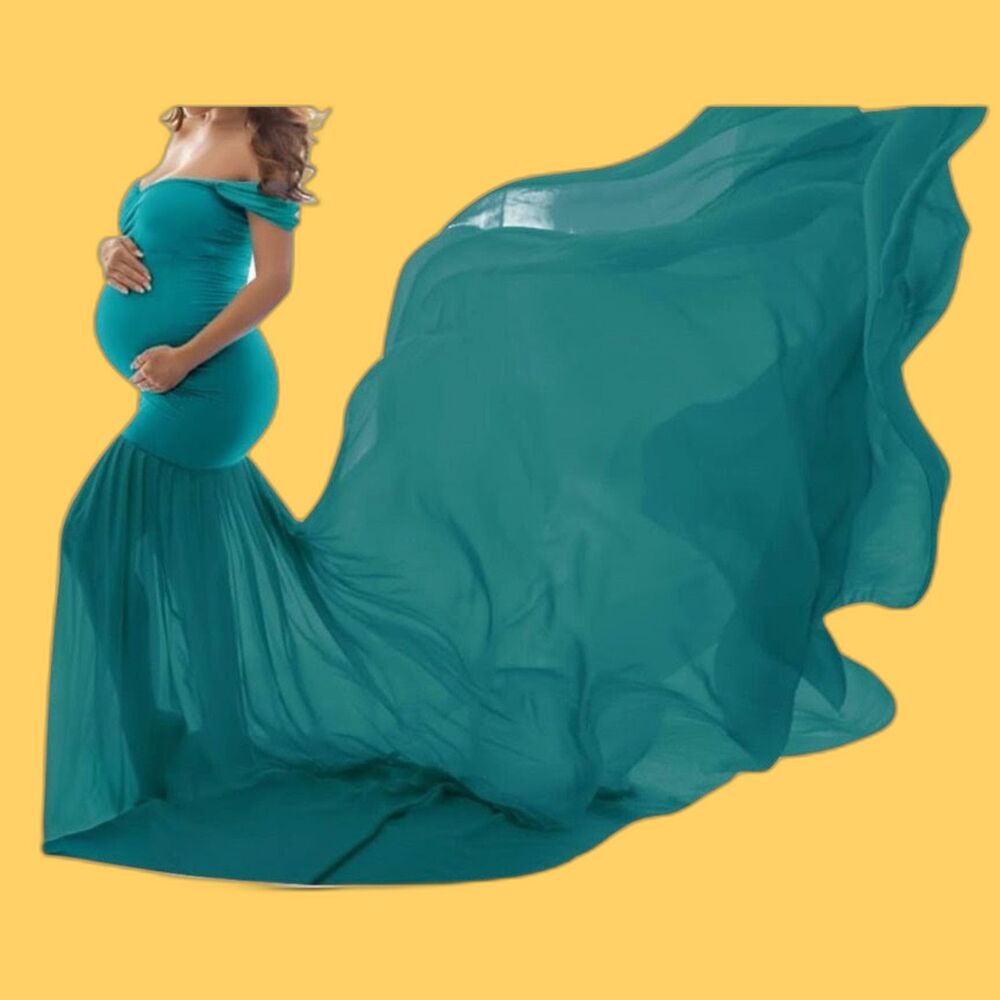 Green Maternity Photo Shoot Dress Size M Off Shoulder Split Front Chiffon IWEMEK